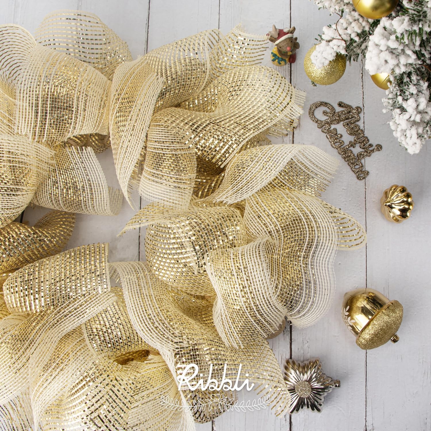 Ribbli Champagne Gold Metallic Mesh Ribbon Champagne Gold Deluxe Foil Christmas Ribbon for Christmas Tree Wreath Swags Wedding Garland 10 inch x 30 feet(10Yard)(Champagne)