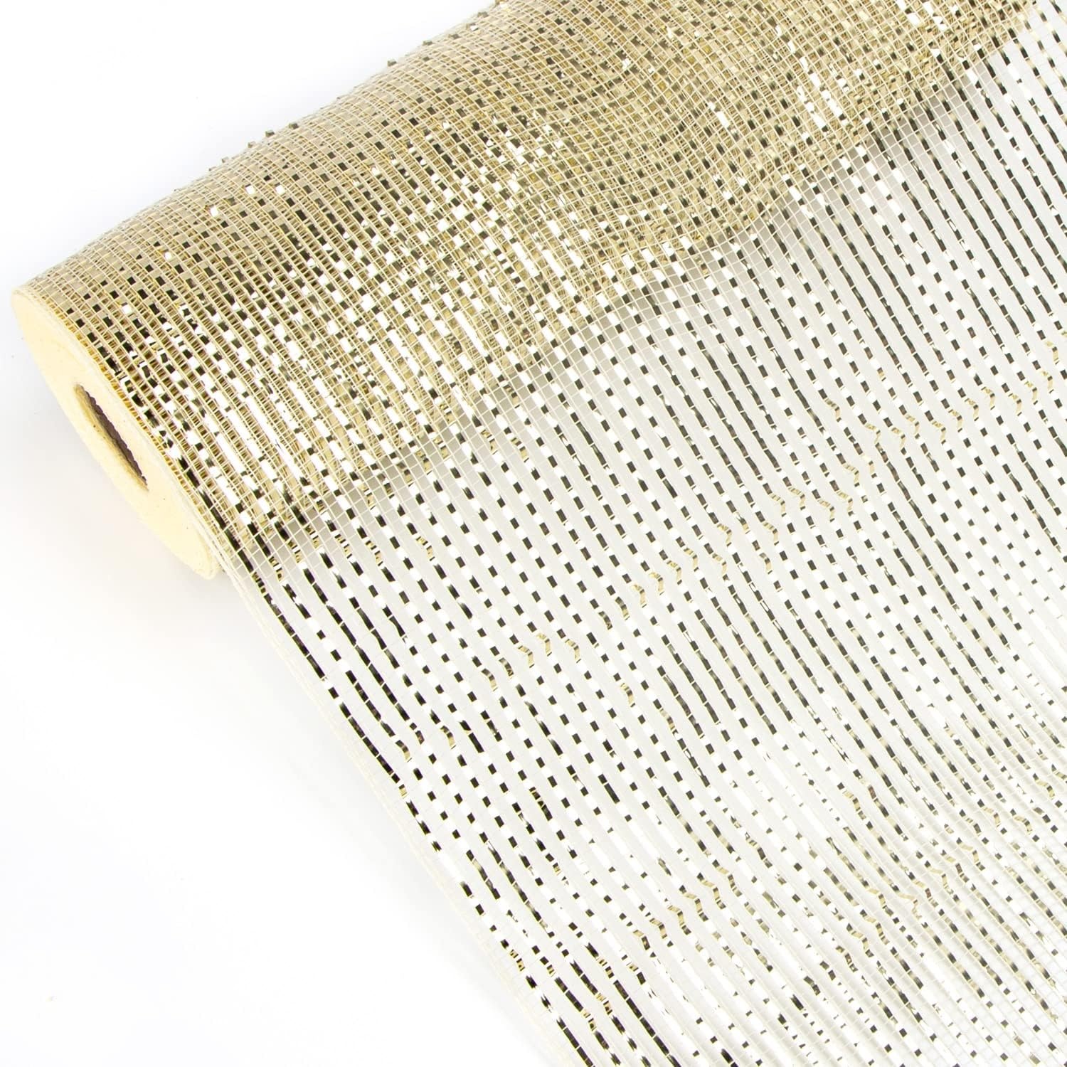 Ribbli Champagne Gold Metallic Mesh Ribbon Champagne Gold Deluxe Foil Christmas Ribbon for Christmas Tree Wreath Swags Wedding Garland 10 inch x 30 feet(10Yard)(Cream/Gold)