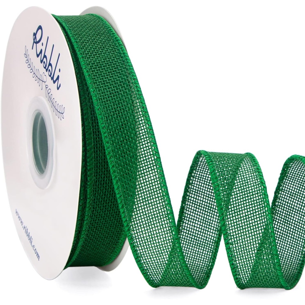 Ribbli Sage Green Burlap Wired Ribbon, 1 Inch x Continuous 20 Yard, Spring Moss Wired Ribbon for Wreaths,Big Bows,Tree Decoration,Outdoor Decoration(Emerald Green)