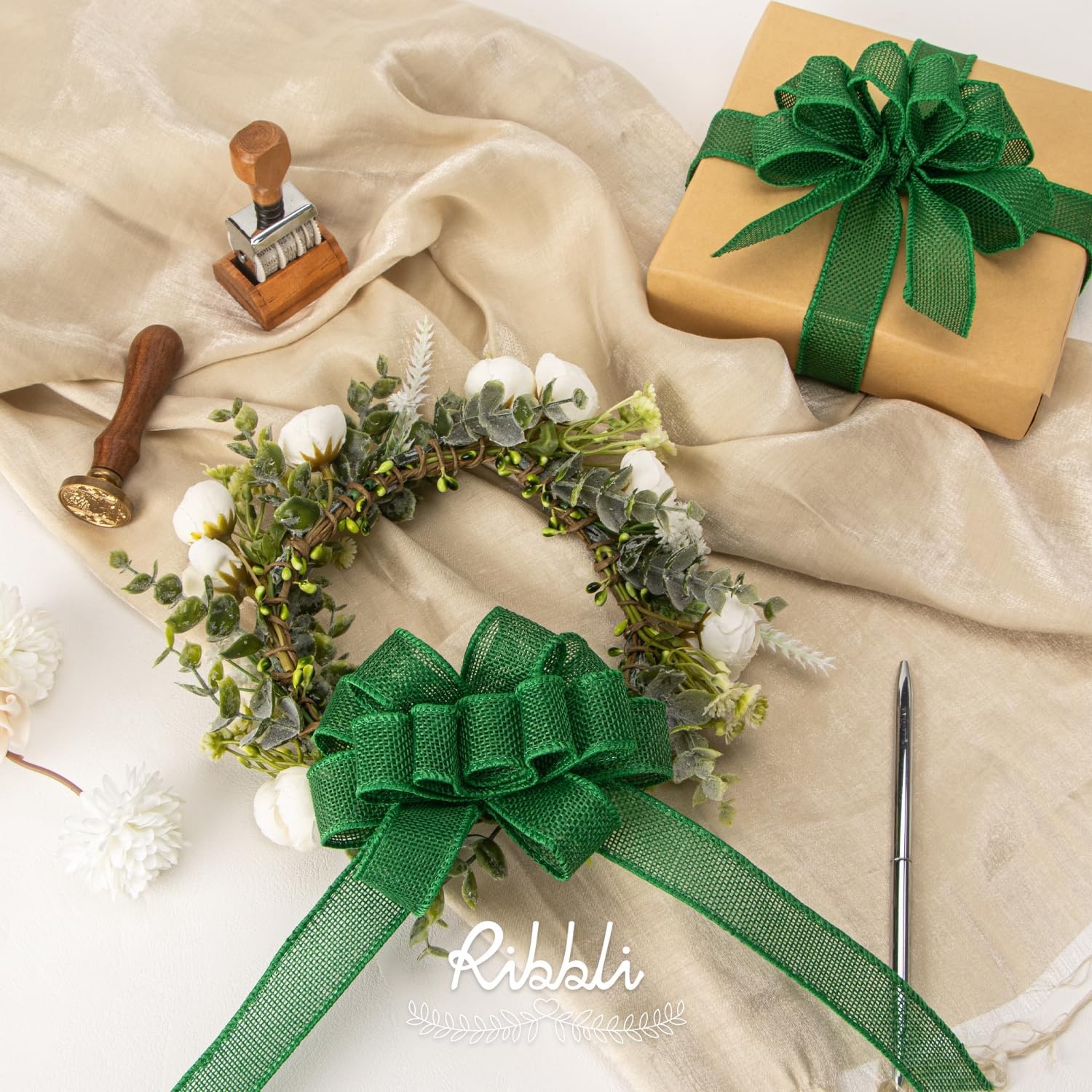 Ribbli Sage Green Burlap Wired Ribbon, 1 Inch x Continuous 20 Yard, Spring Moss Wired Ribbon for Wreaths,Big Bows,Tree Decoration,Outdoor Decoration(Emerald Green)