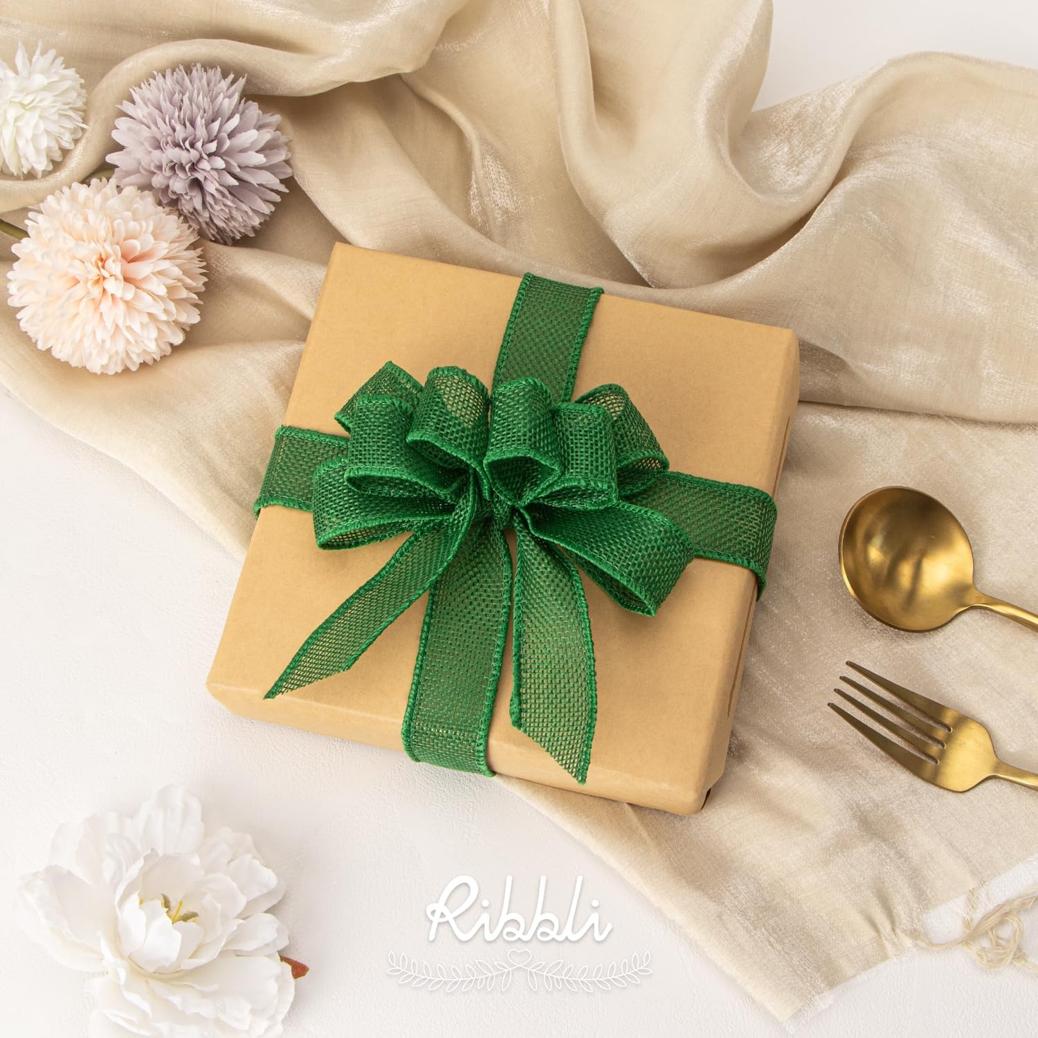 Ribbli Sage Green Burlap Wired Ribbon, 1 Inch x Continuous 20 Yard, Spring Moss Wired Ribbon for Wreaths,Big Bows,Tree Decoration,Outdoor Decoration(Emerald Green)