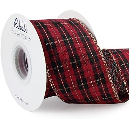 Ribbli Christmas Metallic Wired Ribbon, Red and Black Check With Gold Purl, 2-1/2 Inch x 10 Yard, for Big Bow, Wreath, Gift Wrapping, Outdoor Decoration
