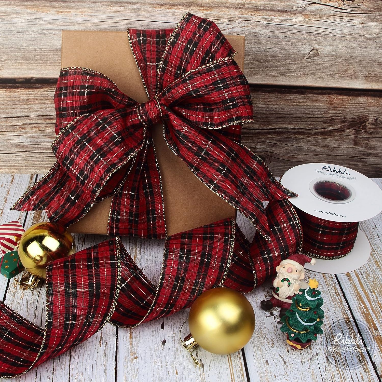 Ribbli Christmas Metallic Wired Ribbon, Red and Black Check With Gold Purl, 2-1/2 Inch x 10 Yard, for Big Bow, Wreath, Gift Wrapping, Outdoor Decoration