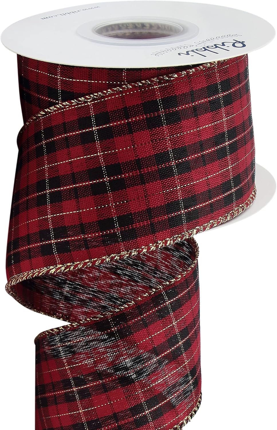 Ribbli Christmas Metallic Wired Ribbon, Red and Black Check With Gold Purl, 2-1/2 Inch x 10 Yard, for Big Bow, Wreath, Gift Wrapping, Outdoor Decoration