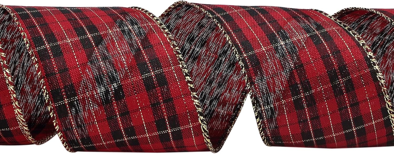 Ribbli Christmas Metallic Wired Ribbon, Red and Black Check With Gold Purl, 2-1/2 Inch x 10 Yard, for Big Bow, Wreath, Gift Wrapping, Outdoor Decoration