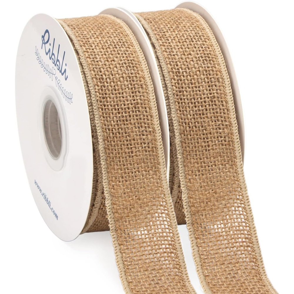 Ribbli 2 Rolls Jute Burlap Wired Ribbon,1-1/2 Inch Total 20 Yard,Natural Beige Wired Ribbon for Crafts Gift Wrapping Wreaths Tree Decoration Outdoor Decoration