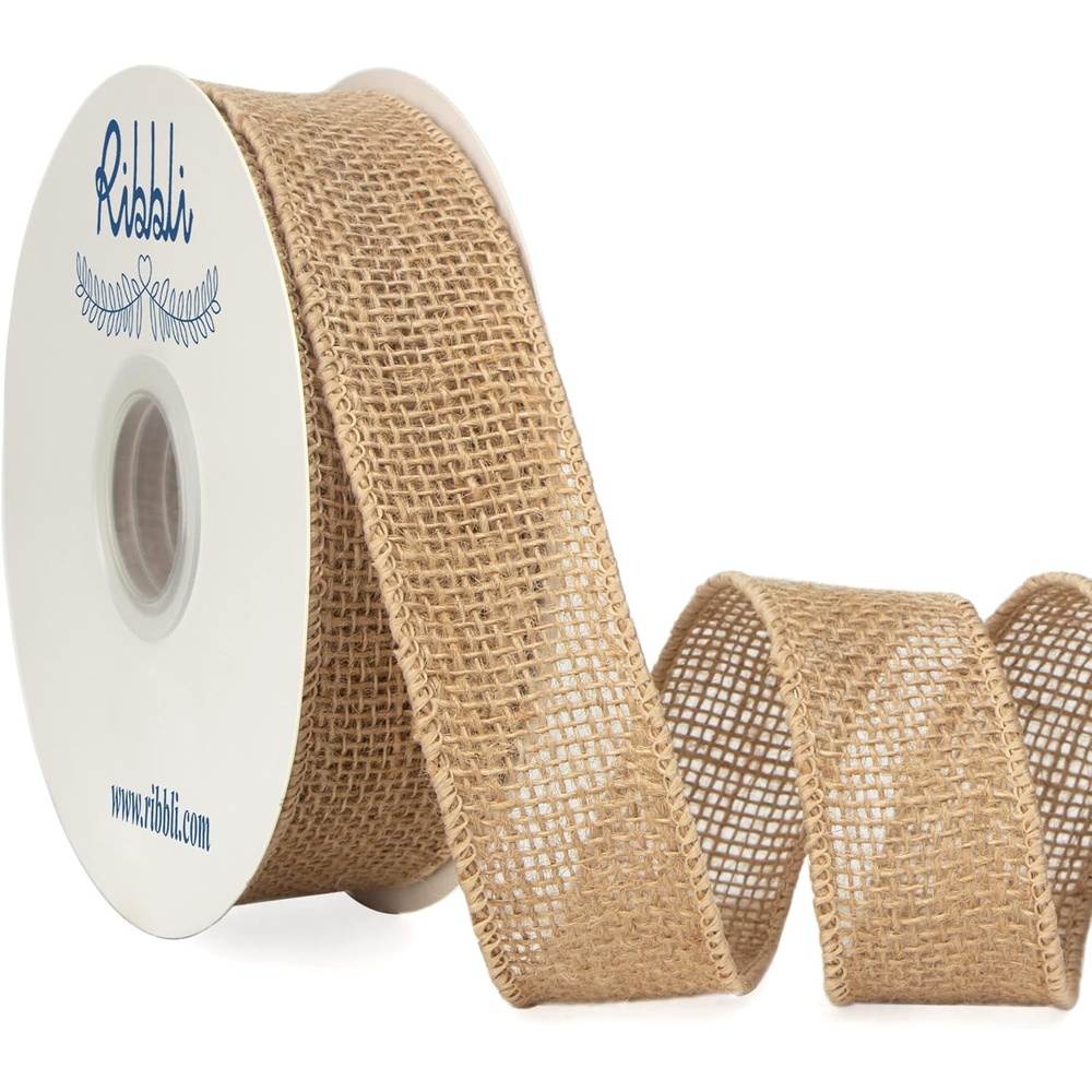Ribbli Jute Burlap Wired Ribbon,1-1/2 Inch x 10 Yard,Natural Solid Wired Ribbon for Crafts,Gift Wrapping,Wreath,Tree Decoration,Outdoor Decoration