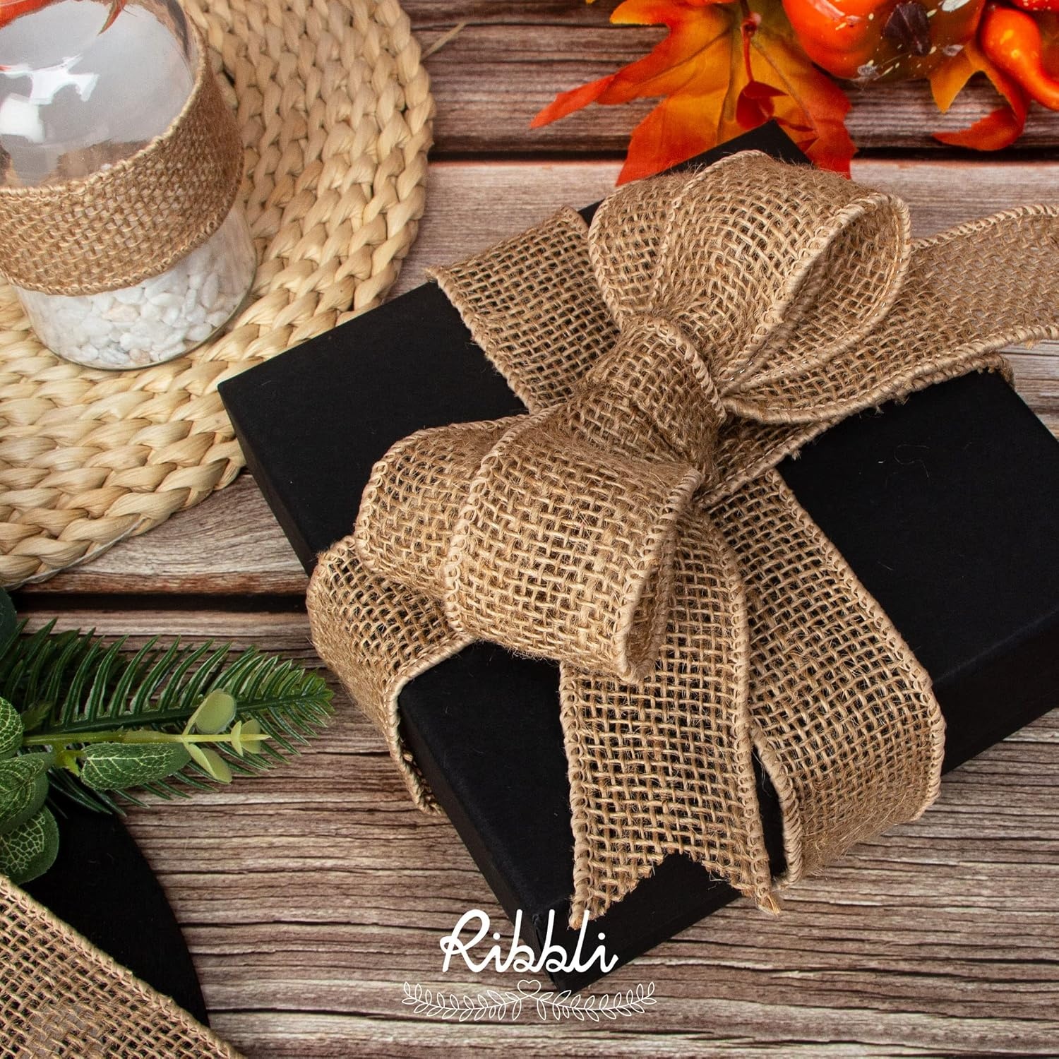 Ribbli Jute Burlap Wired Ribbon,1-1/2 Inch x 10 Yard,Natural Solid Wired Ribbon for Crafts,Gift Wrapping,Wreath,Tree Decoration,Outdoor Decoration