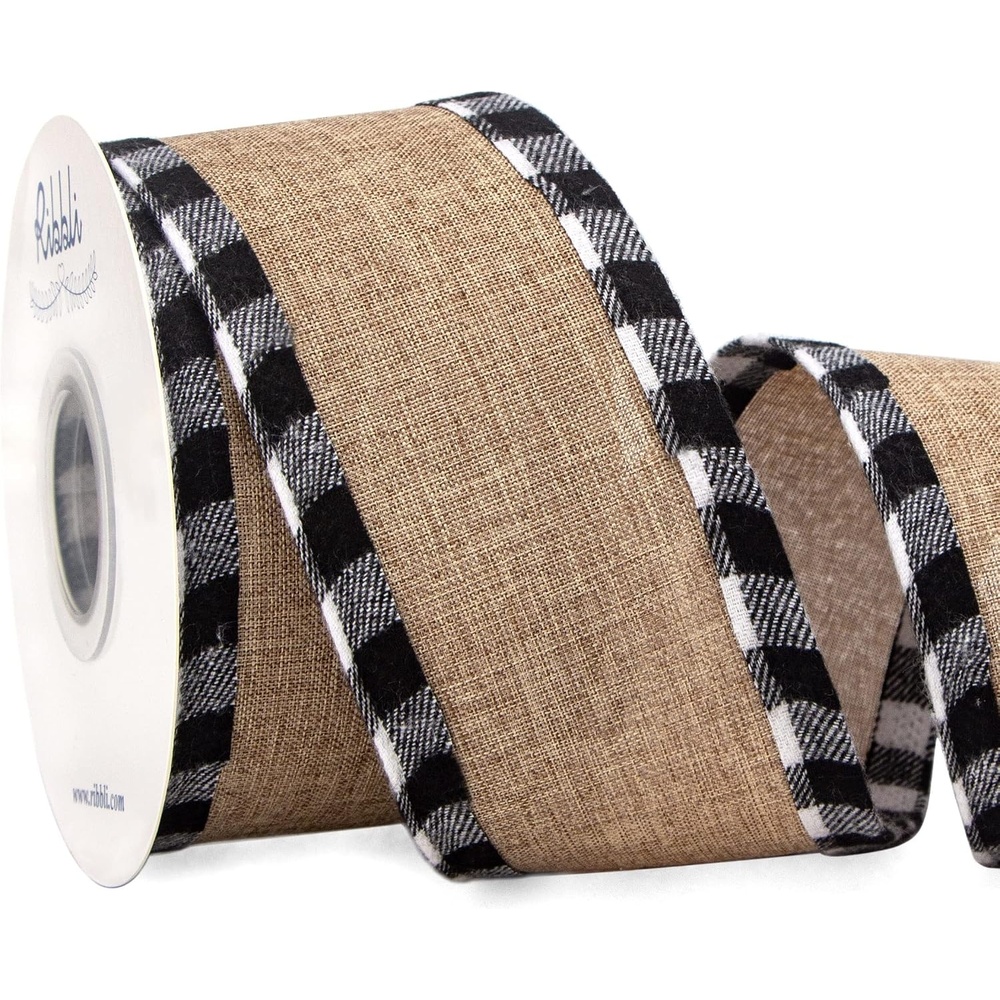 Ribbli Buffalo Plaid Ribbon Burlap with Cotton Buffalo Plaid Edge Ribbon 2-1/2 Inch x Continuous 10 Yard, Christmas Ribbon for Tree,Big Bow, Wreath-Natural/Black/White
