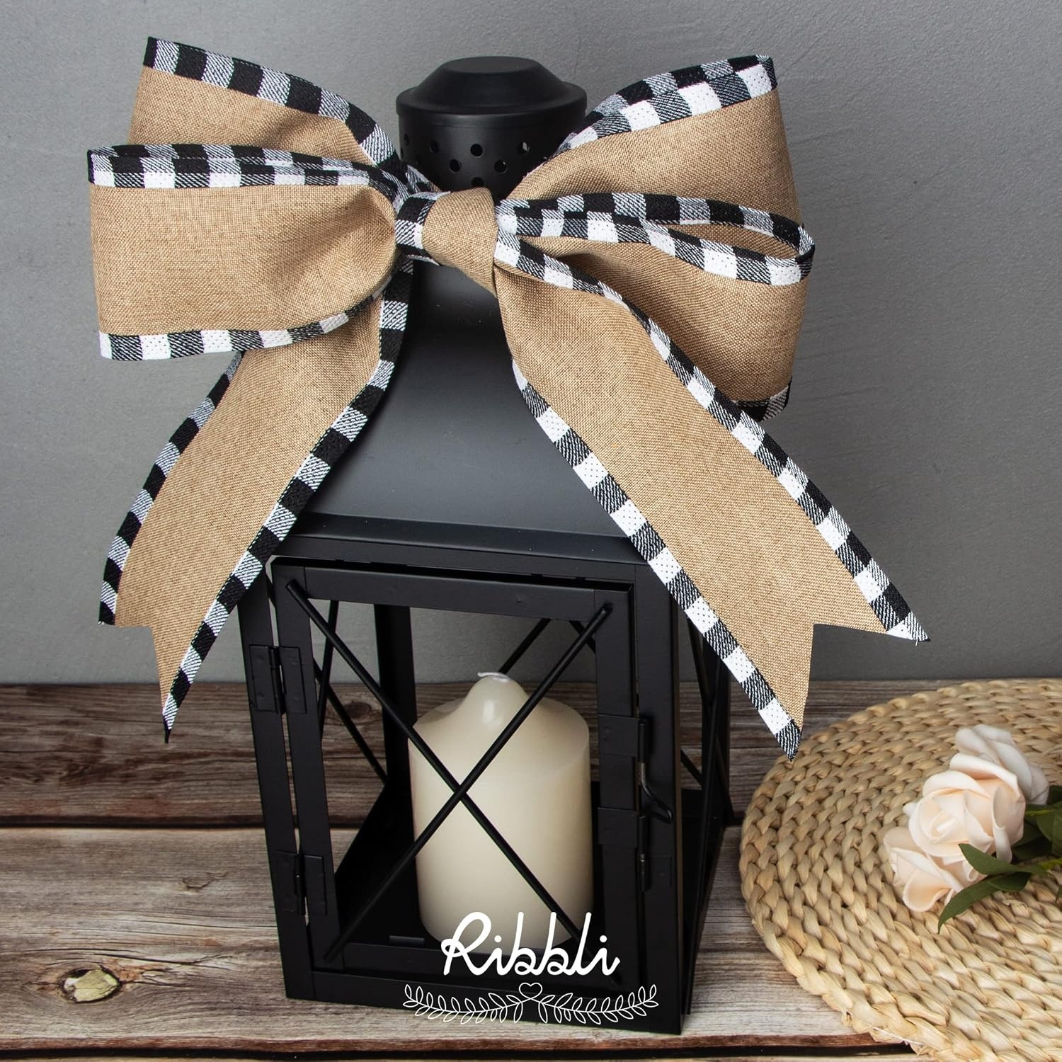 Ribbli Buffalo Plaid Ribbon Burlap with Cotton Buffalo Plaid Edge Ribbon 2-1/2 Inch x Continuous 10 Yard, Christmas Ribbon for Tree,Big Bow, Wreath-Natural/Black/White