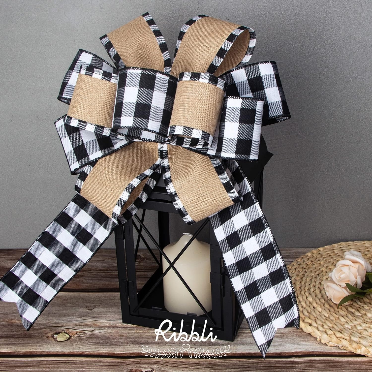 Ribbli Buffalo Plaid Ribbon Burlap with Cotton Buffalo Plaid Edge Ribbon 2-1/2 Inch x Continuous 10 Yard, Christmas Ribbon for Tree,Big Bow, Wreath-Natural/Black/White