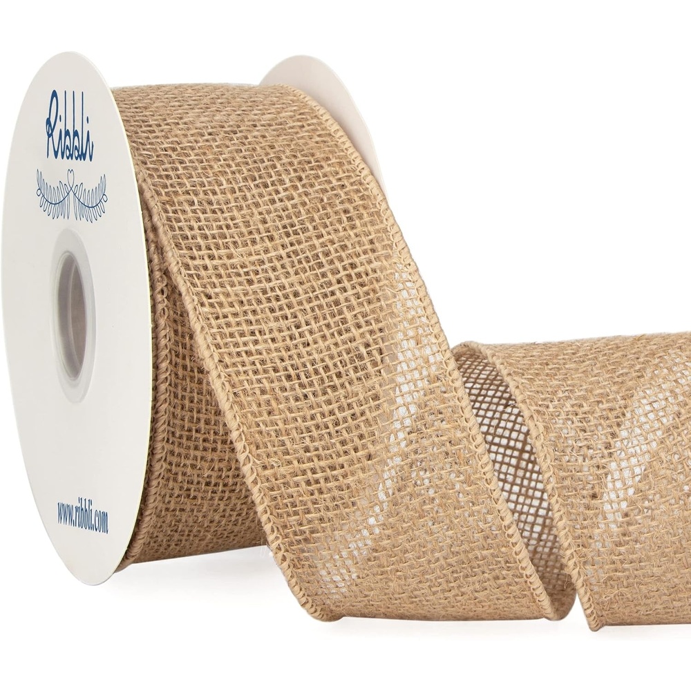 Ribbli Jute Burlap Wired Ribbon,2-1/2 Inch x 10 Yard,Natural Solid Wired Ribbon for Crafts,Gift Wrapping,Wreath,Tree Decoration,Outdoor Decoration