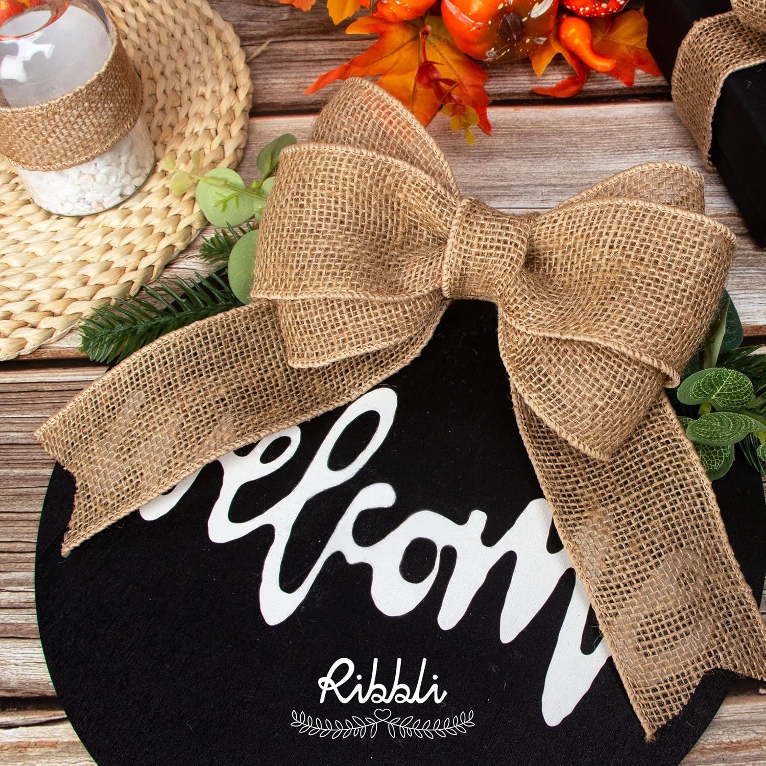 Ribbli Jute Burlap Wired Ribbon,2-1/2 Inch x 10 Yard,Natural Solid Wired Ribbon for Crafts,Gift Wrapping,Wreath,Tree Decoration,Outdoor Decoration
