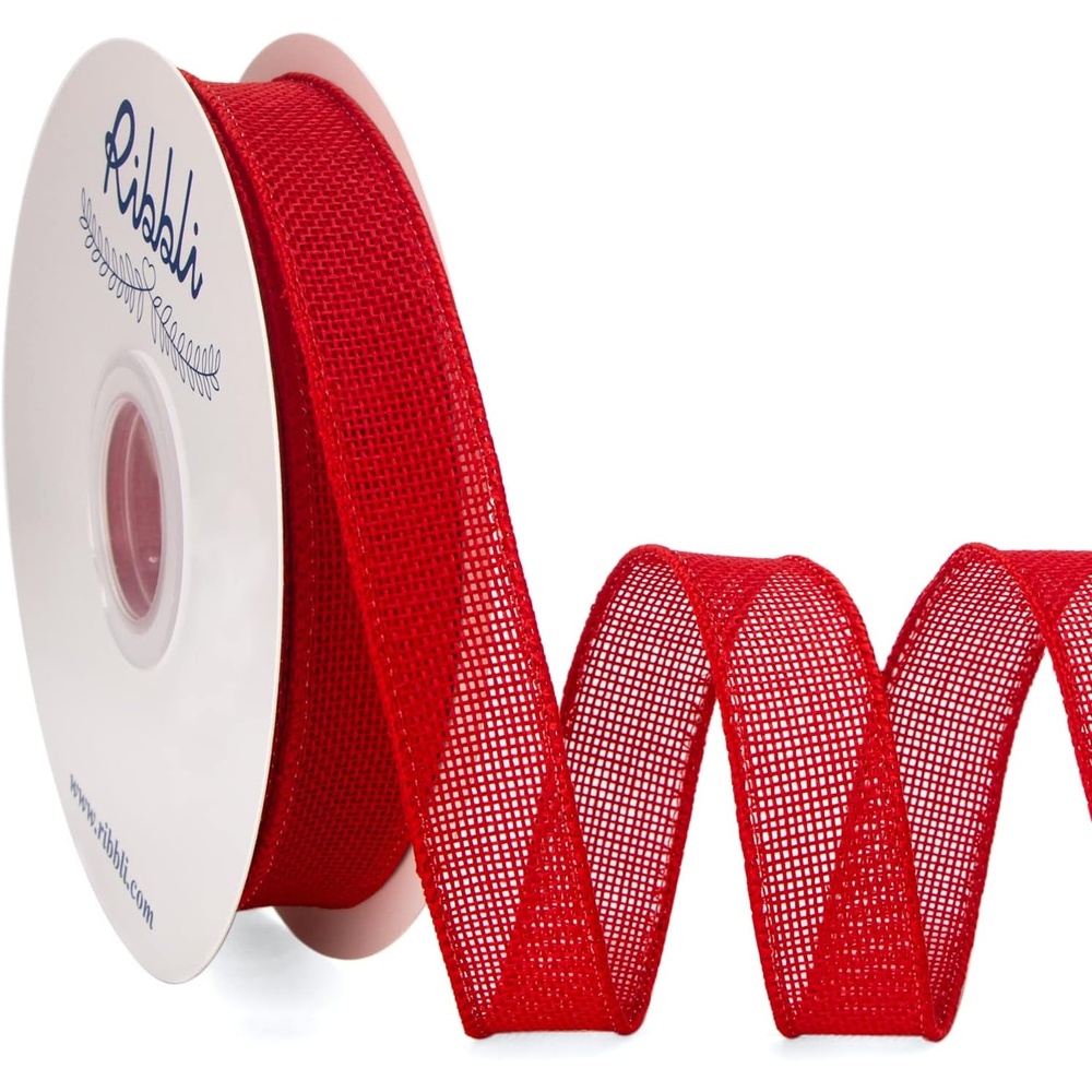Ribbli Sage Green Burlap Wired Ribbon, 1 Inch x Continuous 20 Yard, Spring Moss Wired Ribbon for Wreaths,Big Bows,Tree Decoration,Outdoor Decoration(Red)