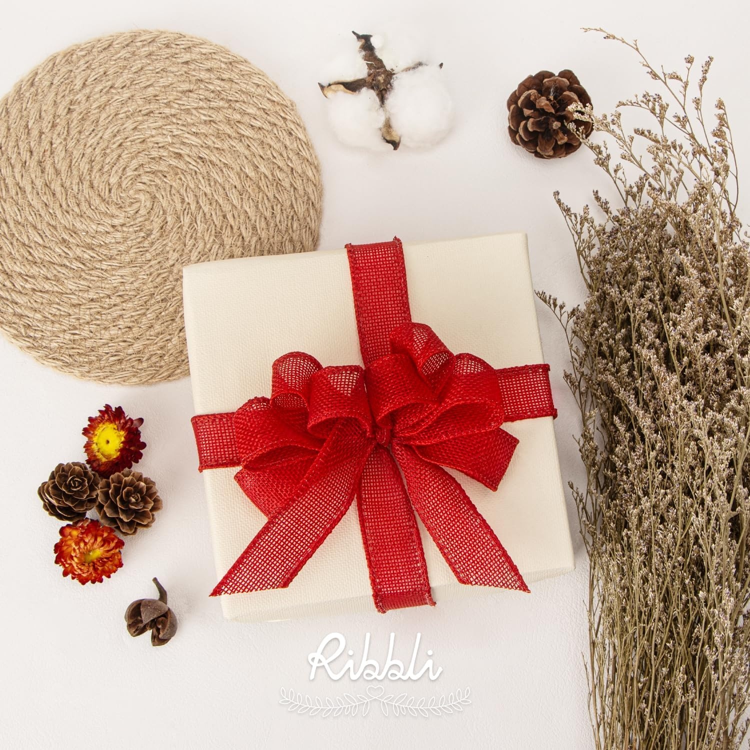 Ribbli Sage Green Burlap Wired Ribbon, 1 Inch x Continuous 20 Yard, Spring Moss Wired Ribbon for Wreaths,Big Bows,Tree Decoration,Outdoor Decoration(Red)