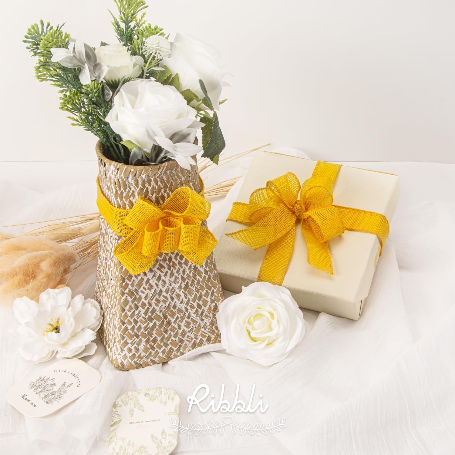 Ribbli Sage Green Burlap Wired Ribbon, 1 Inch x Continuous 20 Yard, Spring Moss Wired Ribbon for Wreaths,Big Bows,Tree Decoration,Outdoor Decoration(Yellow)