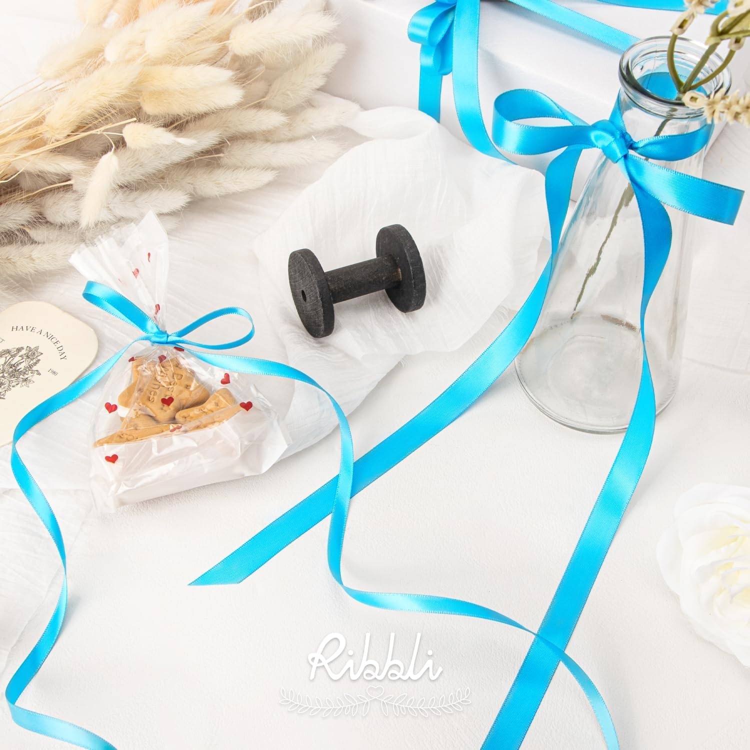 Ribbli Dusty Blue Satin Ribbon,Double Faced Satin 1/4 inch x Continuous 50 Yards,Dusty Blue Ribbon Use for Bows Bouquet,Gift Wrapping,Wedding Decoration,Floral Arrangement(Blue Turquoise)