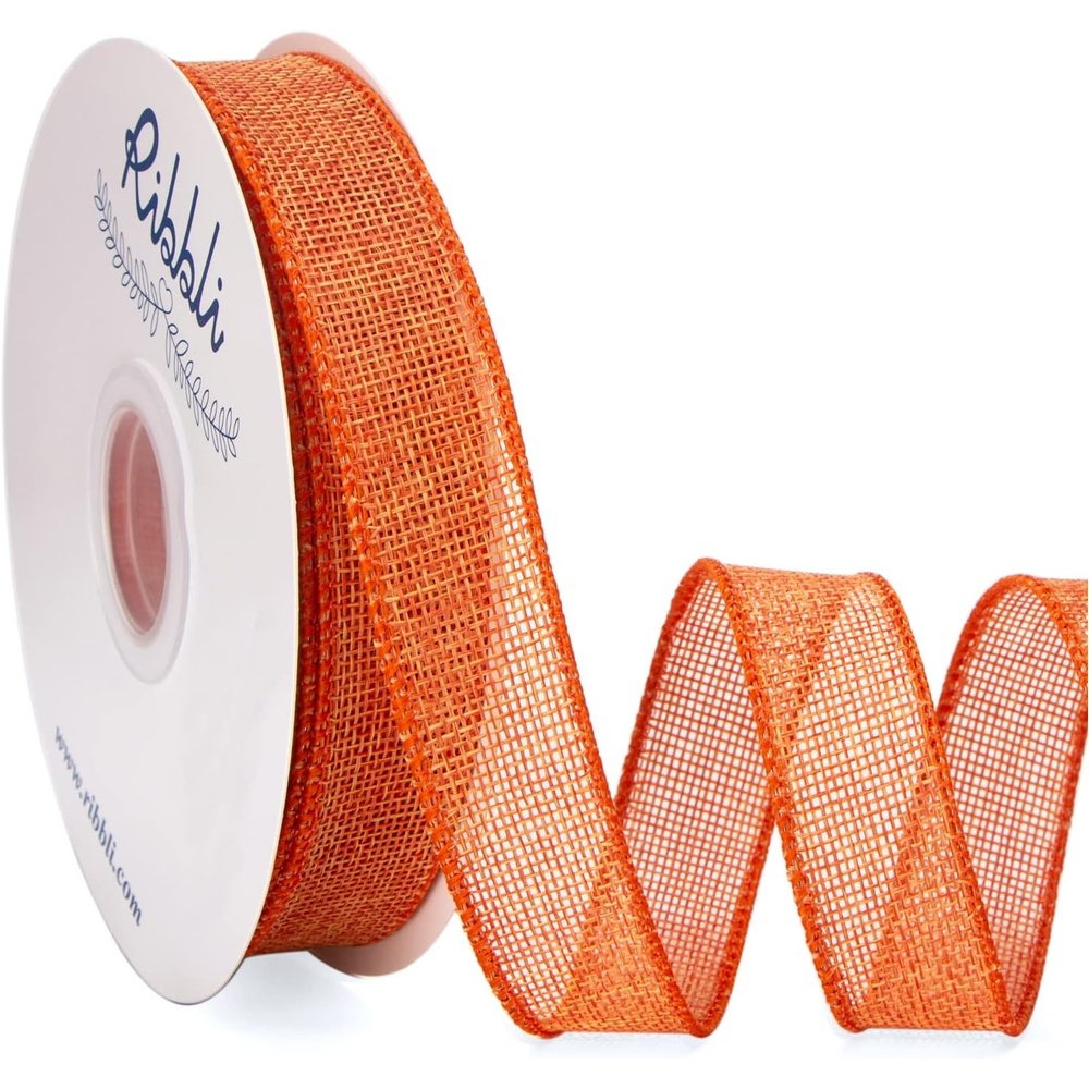 Ribbli Sage Green Burlap Wired Ribbon, 1 Inch x Continuous 20 Yard, Spring Moss Wired Ribbon for Wreaths,Big Bows,Tree Decoration,Outdoor Decoration(Orange)