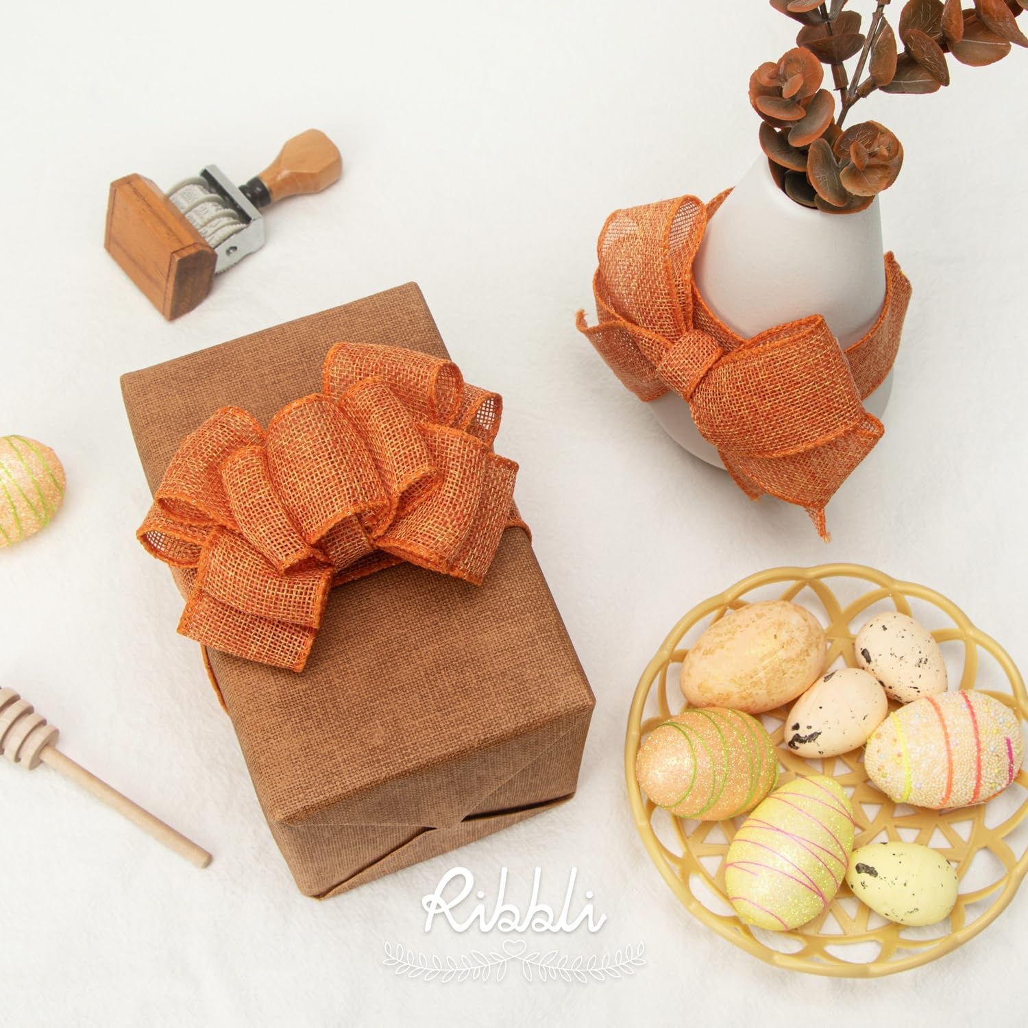 Ribbli Sage Green Burlap Wired Ribbon, 1 Inch x Continuous 20 Yard, Spring Moss Wired Ribbon for Wreaths,Big Bows,Tree Decoration,Outdoor Decoration(Orange)