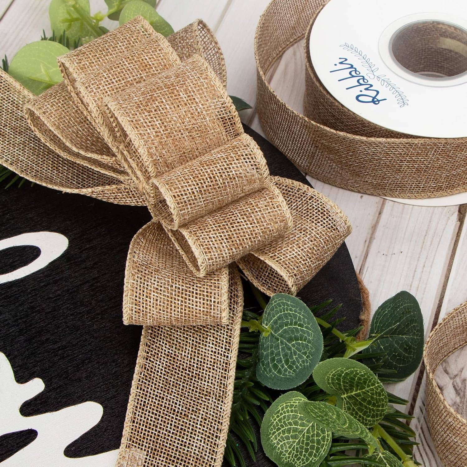 Ribbli Sage Green Burlap Wired Ribbon, 1 Inch x Continuous 20 Yard, Spring Moss Wired Ribbon for Wreaths,Big Bows,Tree Decoration,Outdoor Decoration(Natural)