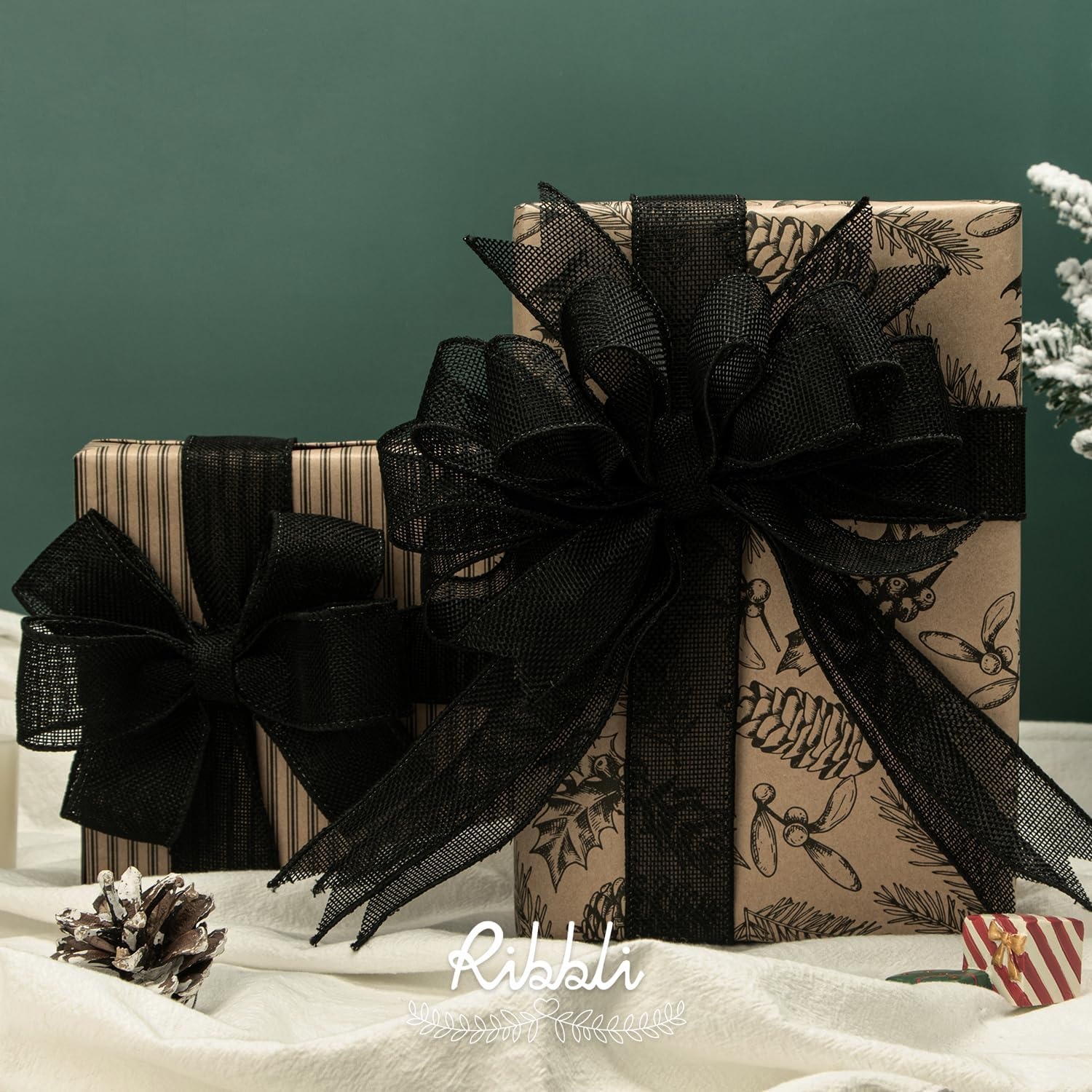 Ribbli Sage Green Burlap Wired Ribbon, 1 Inch x Continuous 20 Yard, Spring Moss Wired Ribbon for Wreaths,Big Bows,Tree Decoration,Outdoor Decoration(Black)