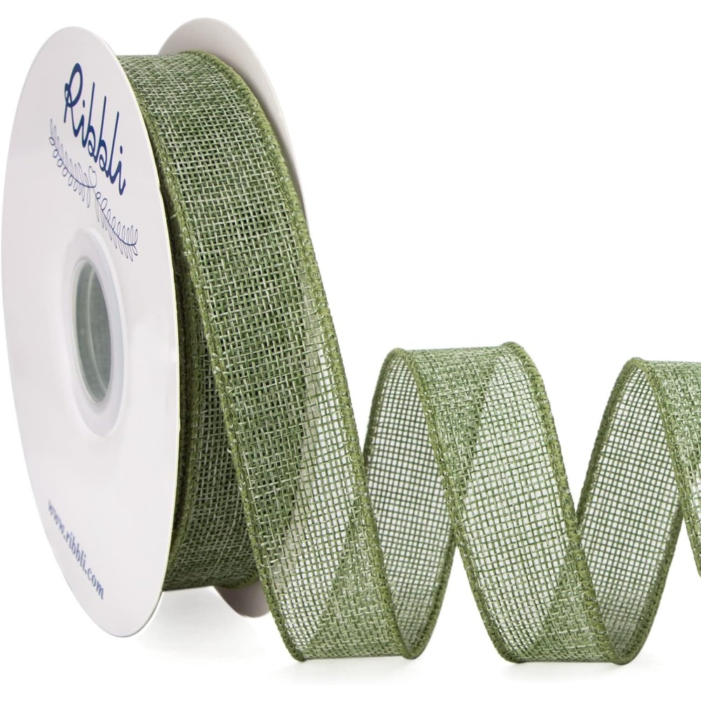 Ribbli Sage Green Burlap Wired Ribbon, 1 Inch x Continuous 20 Yard, Spring Moss Wired Ribbon for Wreaths,Big Bows,Tree Decoration,Outdoor Decoration(Sage Green)