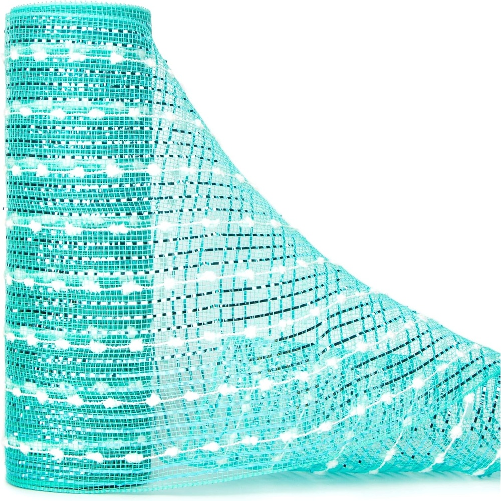 Ribbli Snowball Mint Green Metallic Mesh Ribbon, Turquoise Mesh 10 inch x 30 feet(10Yard), Mint Green with Cotton Ball and Wide Foil, Christmas Ribbon for Wreath Swags and Christmas Tree(Aqua/White)