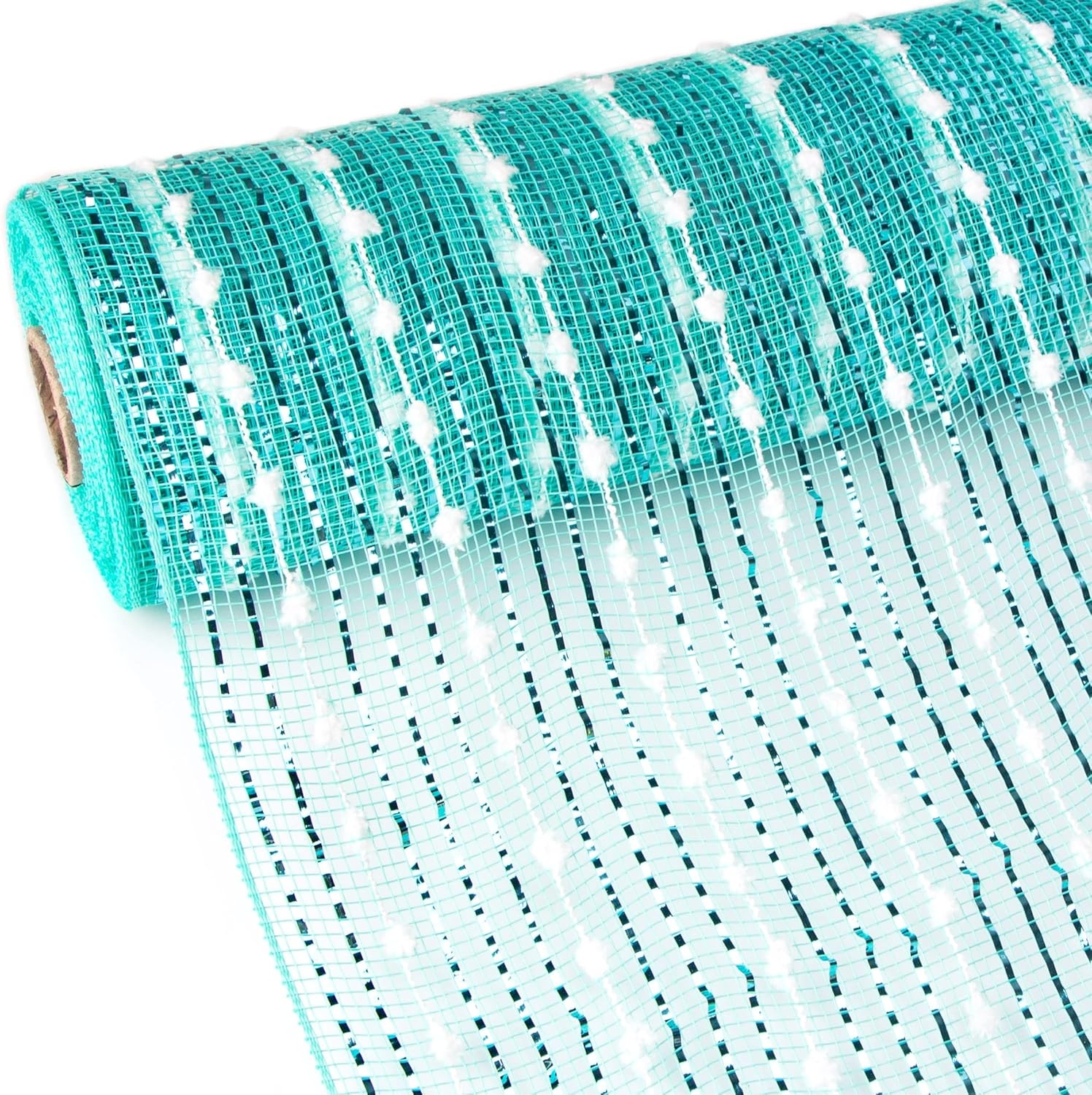 Ribbli Snowball Mint Green Metallic Mesh Ribbon, Turquoise Mesh 10 inch x 30 feet(10Yard), Mint Green with Cotton Ball and Wide Foil, Christmas Ribbon for Wreath Swags and Christmas Tree(Aqua/White)