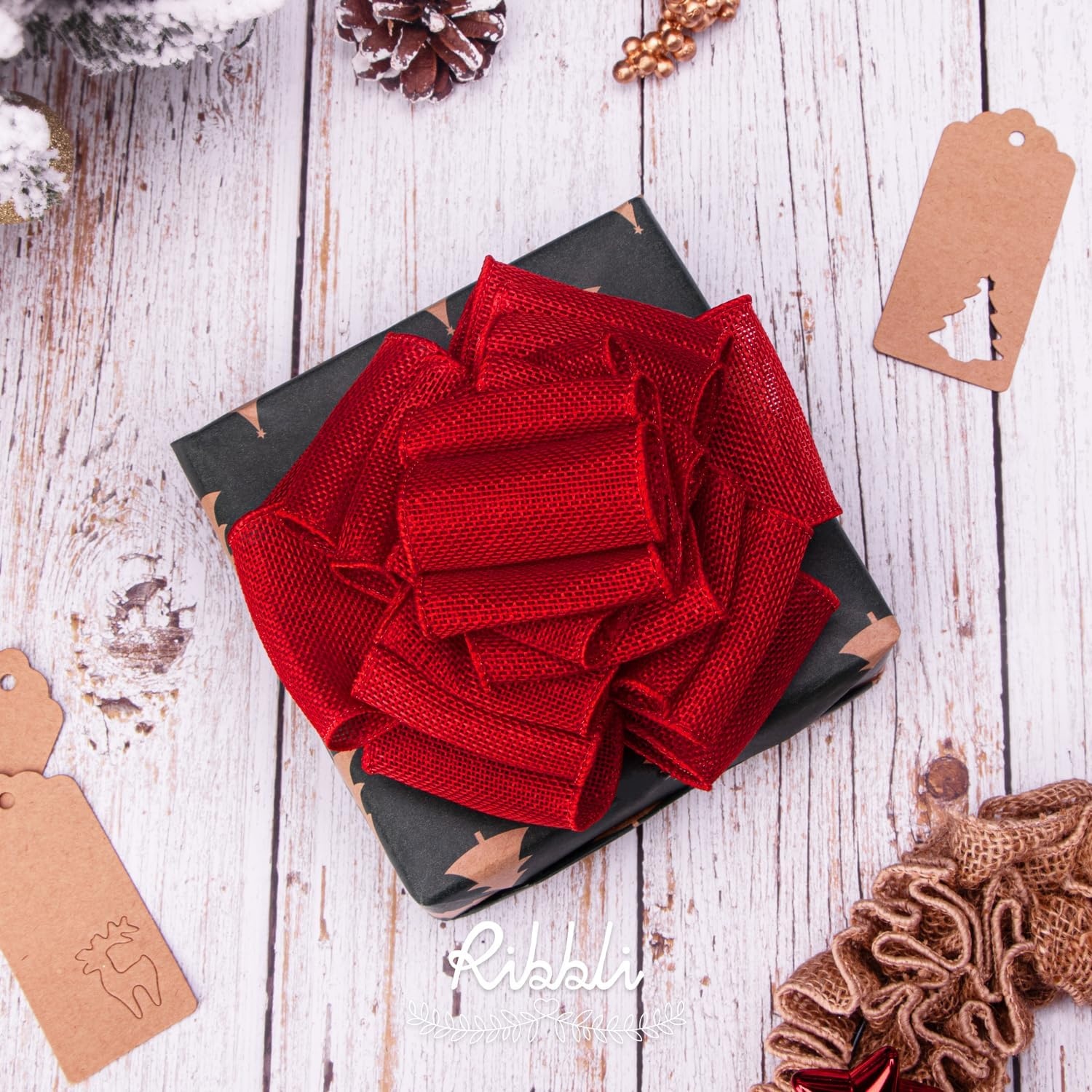 Ribbli Apple Green Burlap Wired Ribbon, 2-1/2 Inch x 10 Yard, Wired Edge Ribbon for Big Bow,Wreath,Tree Decoration,Outdoor Decoration(Red)
