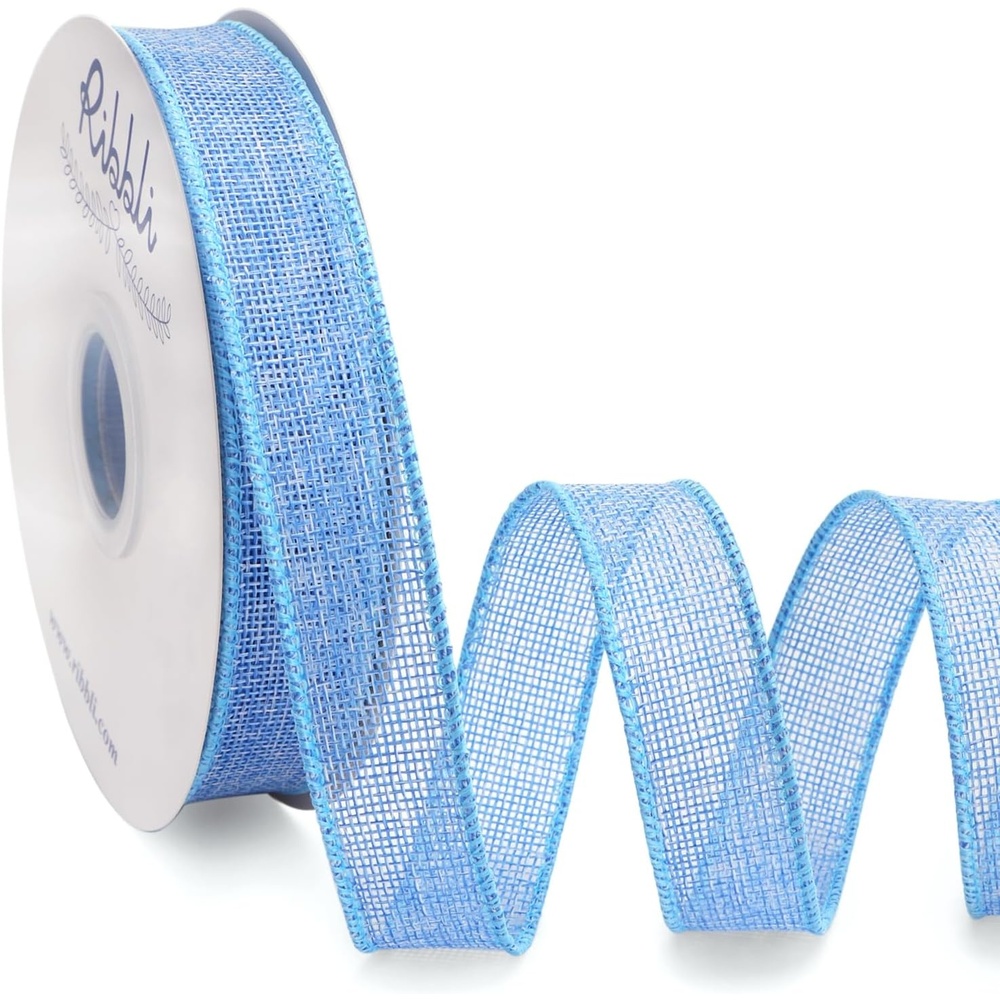 Ribbli Sage Green Burlap Wired Ribbon, 1 Inch x Continuous 20 Yard, Spring Moss Wired Ribbon for Wreaths,Big Bows,Tree Decoration,Outdoor Decoration(Baby Blue)