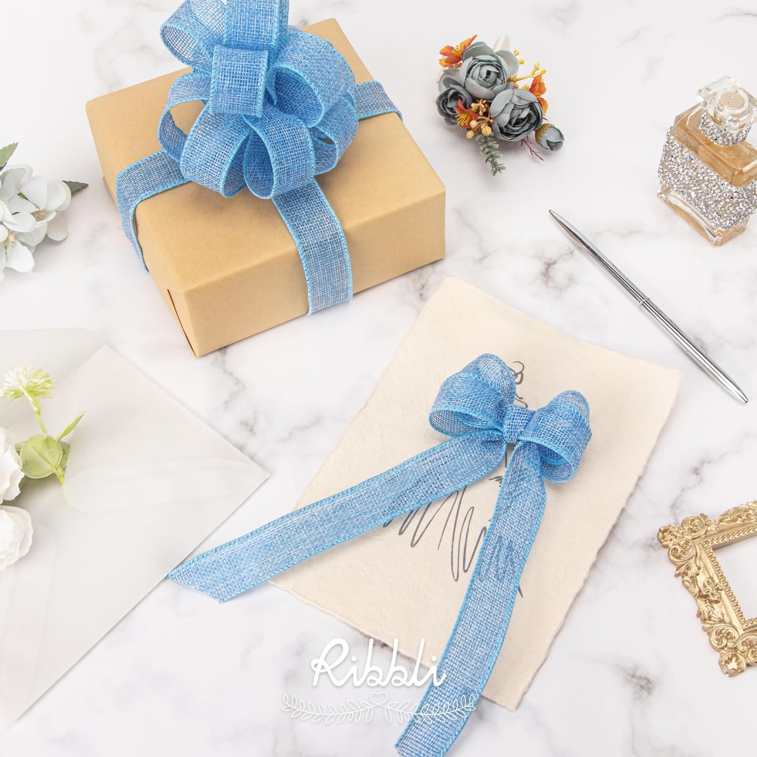 Ribbli Sage Green Burlap Wired Ribbon, 1 Inch x Continuous 20 Yard, Spring Moss Wired Ribbon for Wreaths,Big Bows,Tree Decoration,Outdoor Decoration(Baby Blue)