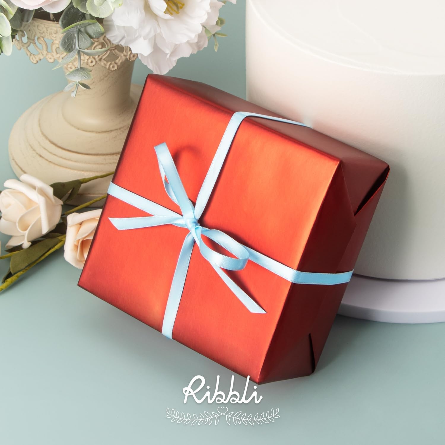 Ribbli Dusty Blue Satin Ribbon,Double Faced Satin 1/4 inch x Continuous 50 Yards,Dusty Blue Ribbon Use for Bows Bouquet,Gift Wrapping,Wedding Decoration,Floral Arrangement(Blue Light)