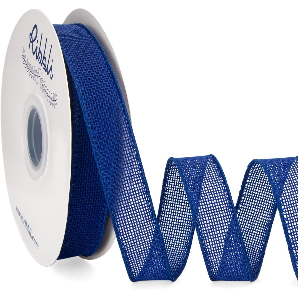 Ribbli Sage Green Burlap Wired Ribbon, 1 Inch x Continuous 20 Yard, Spring Moss Wired Ribbon for Wreaths,Big Bows,Tree Decoration,Outdoor Decoration(Dk.Blue)
