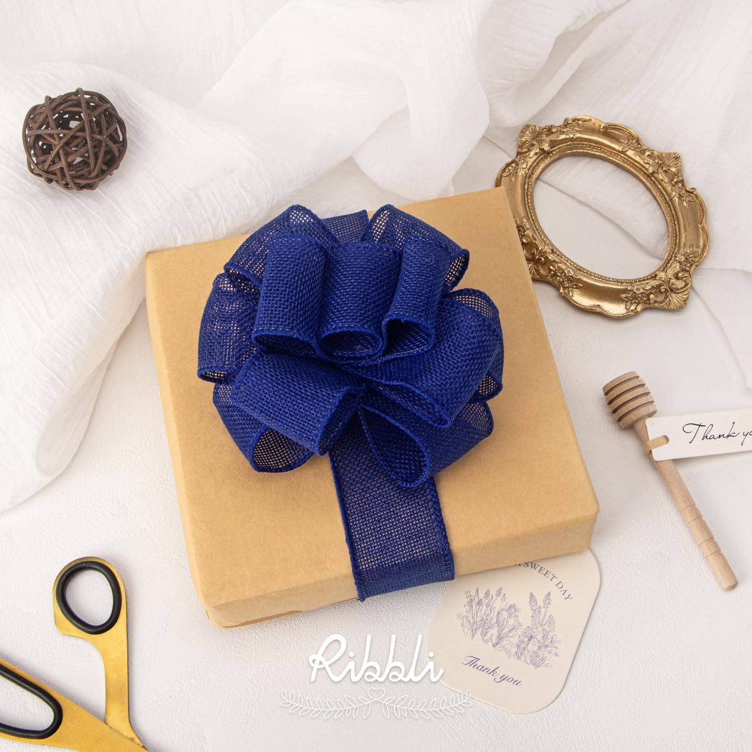 Ribbli Sage Green Burlap Wired Ribbon, 1 Inch x Continuous 20 Yard, Spring Moss Wired Ribbon for Wreaths,Big Bows,Tree Decoration,Outdoor Decoration(Dk.Blue)