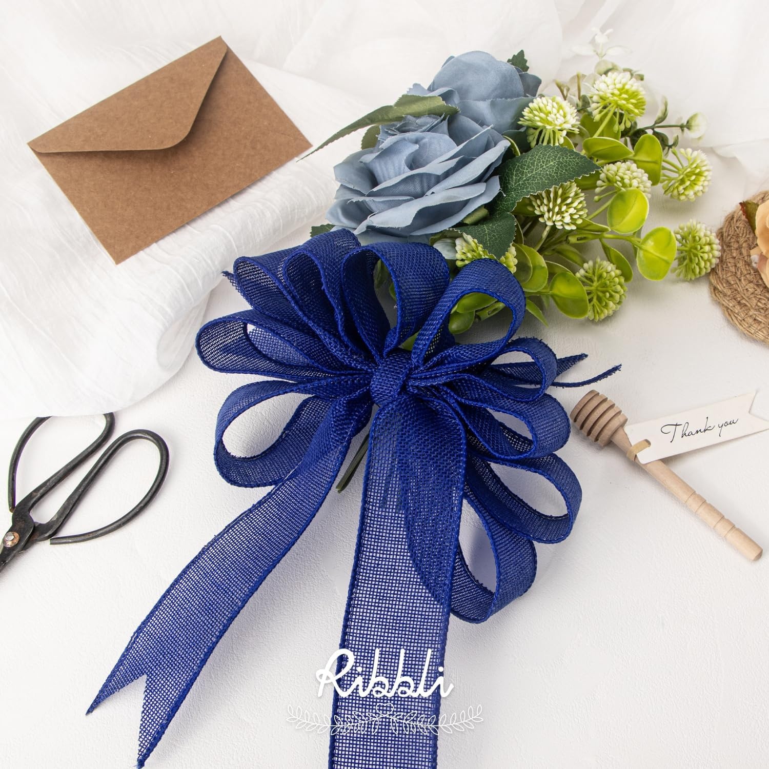 Ribbli Sage Green Burlap Wired Ribbon, 1 Inch x Continuous 20 Yard, Spring Moss Wired Ribbon for Wreaths,Big Bows,Tree Decoration,Outdoor Decoration(Dk.Blue)