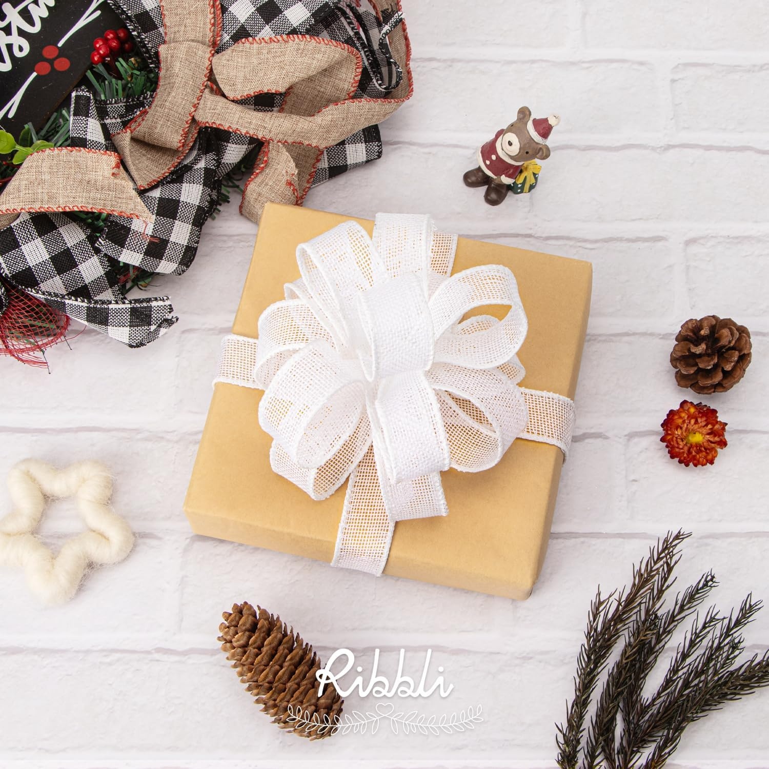 Ribbli Sage Green Burlap Wired Ribbon, 1 Inch x Continuous 20 Yard, Spring Moss Wired Ribbon for Wreaths,Big Bows,Tree Decoration,Outdoor Decoration(White)