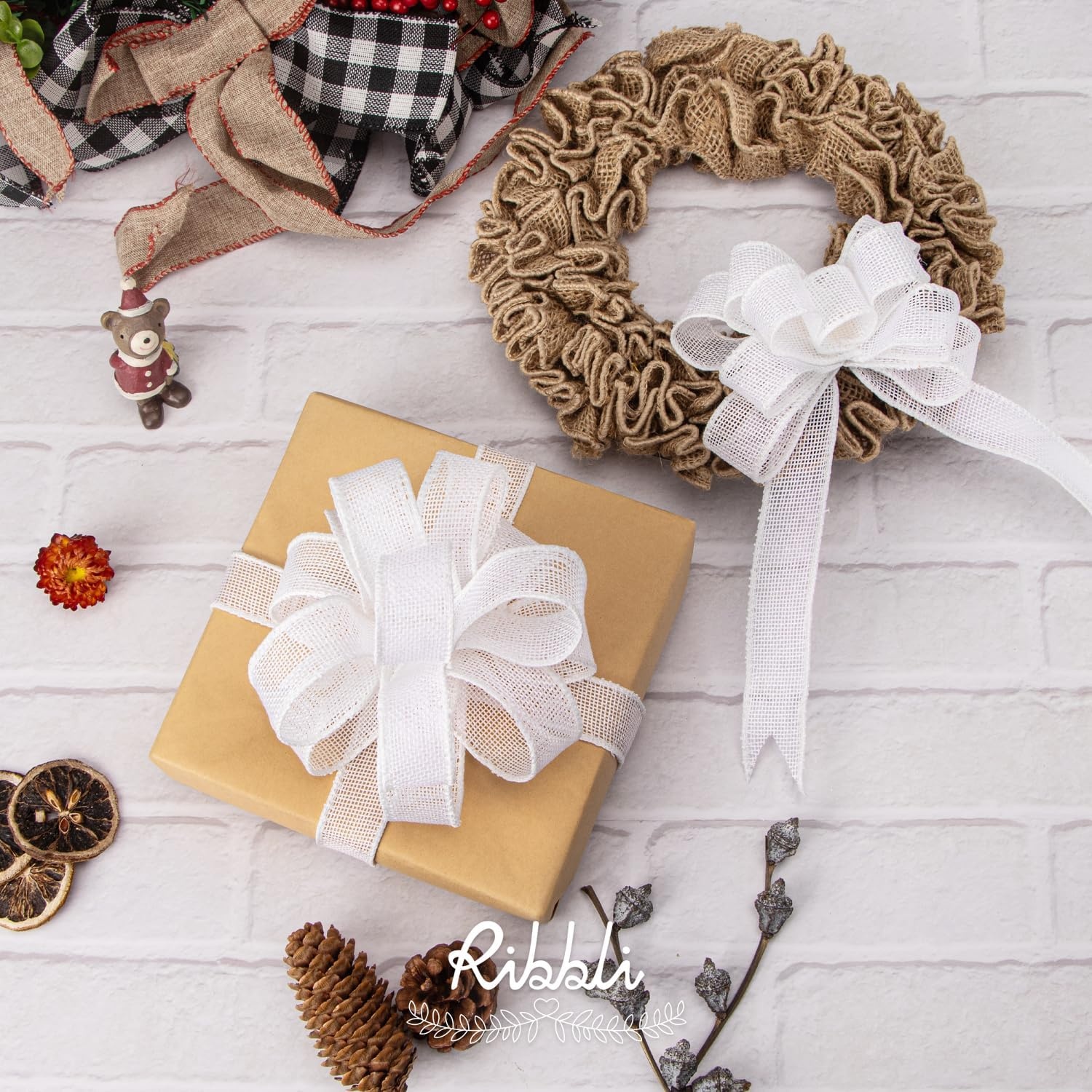 Ribbli Sage Green Burlap Wired Ribbon, 1 Inch x Continuous 20 Yard, Spring Moss Wired Ribbon for Wreaths,Big Bows,Tree Decoration,Outdoor Decoration(White)