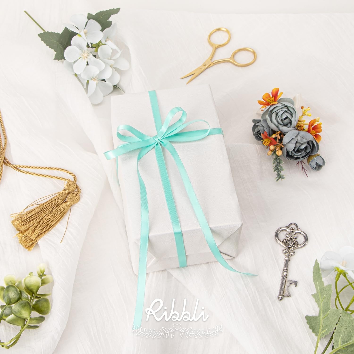 Ribbli Dusty Blue Satin Ribbon,Double Faced Satin 1/4 inch x Continuous 50 Yards,Dusty Blue Ribbon Use for Bows Bouquet,Gift Wrapping,Wedding Decoration,Floral Arrangement(Blue Aqua)