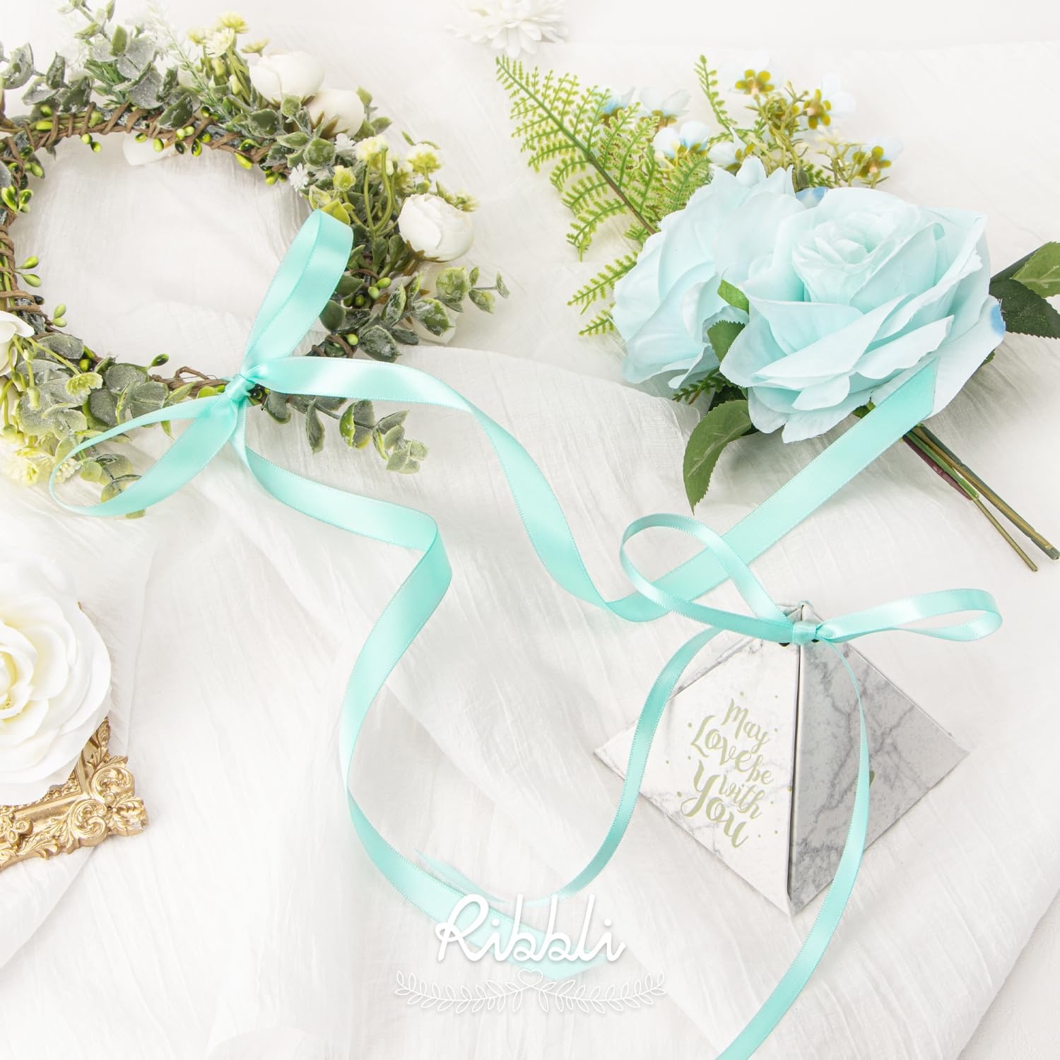 Ribbli Dusty Blue Satin Ribbon,Double Faced Satin 1/4 inch x Continuous 50 Yards,Dusty Blue Ribbon Use for Bows Bouquet,Gift Wrapping,Wedding Decoration,Floral Arrangement(Blue Aqua)