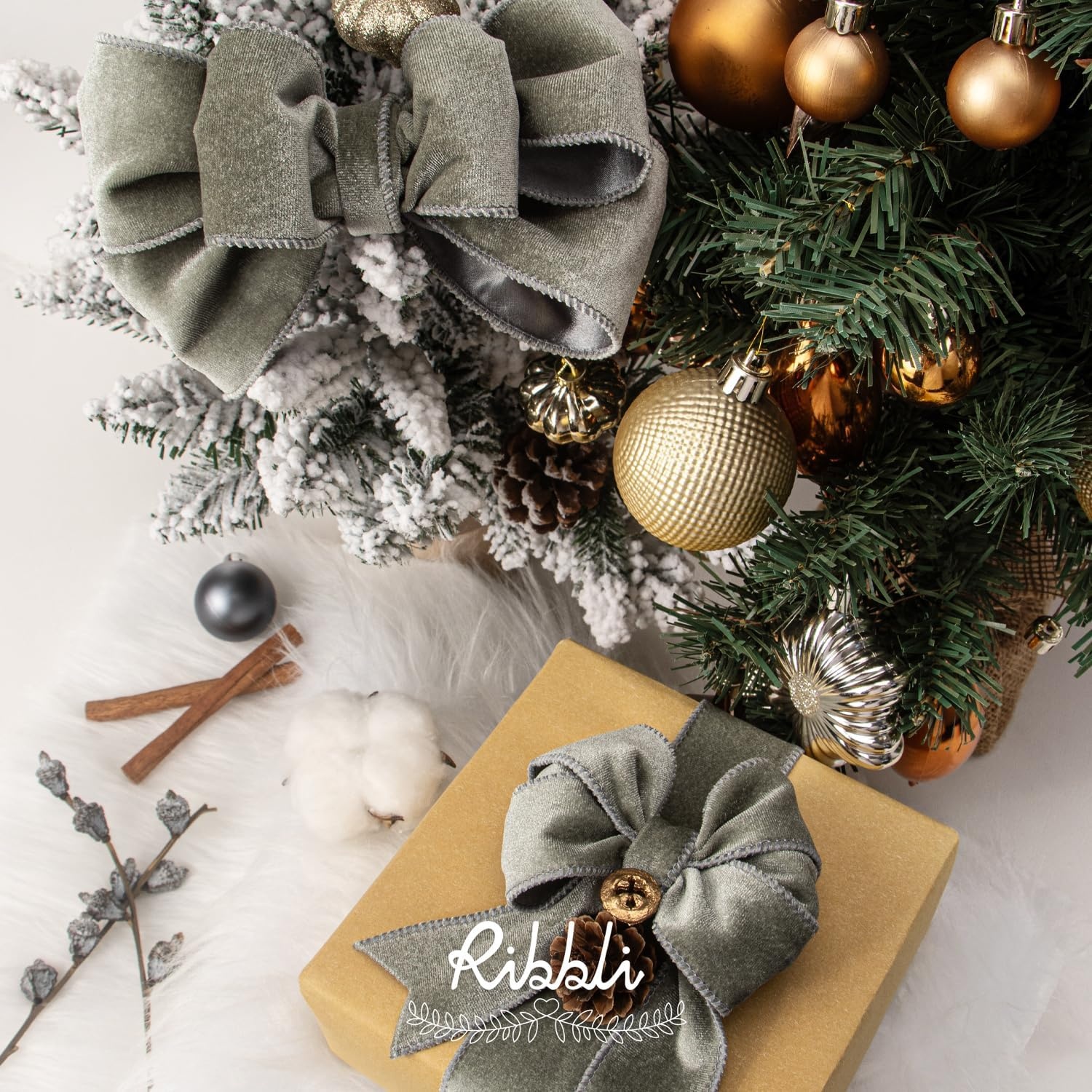 Ribbli Dusty Green Velvet Wired Ribbon 4 Inch Sage Velvet with Satin Christmas Ribbon for Gift Wrapping Christmas Tree Decoration Crafts Wreaths Supplies-Continuous 10 Yards(Sage)