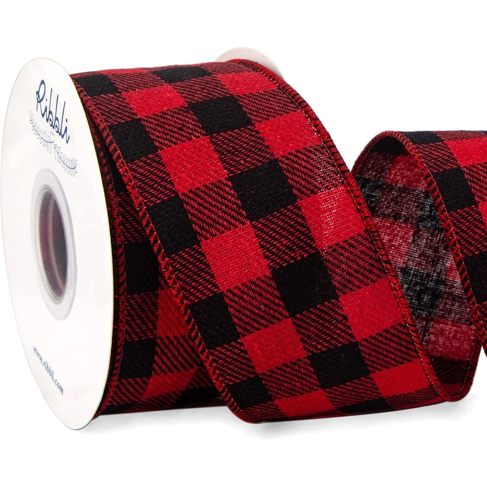 Ribbli Buffalo Plaid Wired Ribbon, Red and Black Check – 2-1/2 Inch x 10 Yard, Christmas Ribbon for Big Bow, Wreath, Tree Decoration, Polyester Cotton Red/Black