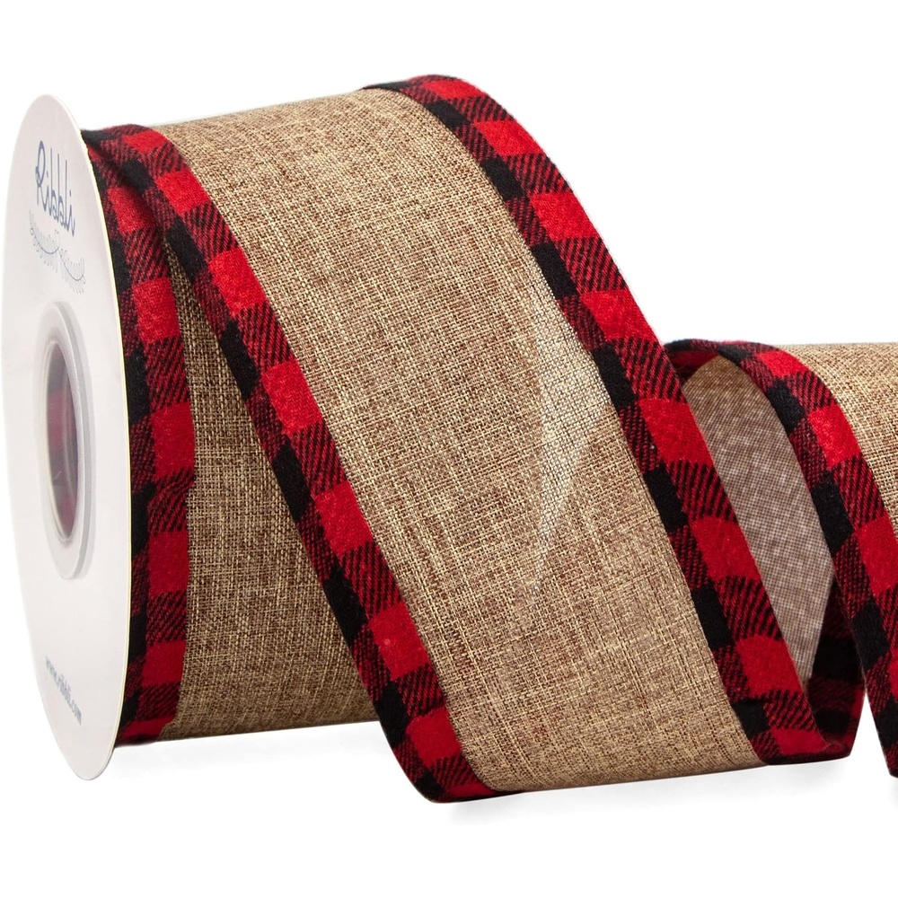 Ribbli Burlap Wired Ribbon, Burlap with Cotton Buffalo Plaid Edge – 2-1/2 Inch x 10 Yard, Christmas Ribbon for Tree, Gift Wrapping, Big Bow, Wreath – Natural/Red/Black