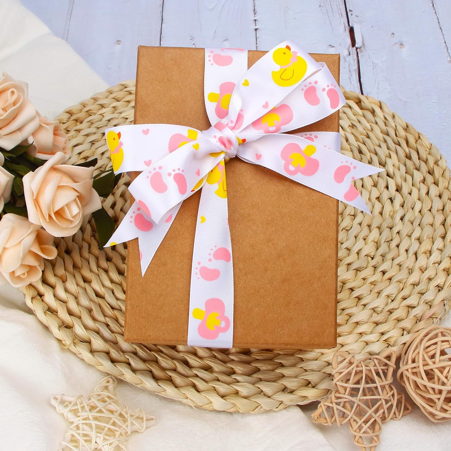 Ribbli Satin Pink Rubber Ducky Craft Ribbon,7/8-Inch x 10-Yard,Pink/White/Yellow,Use for Hair Bows,Wreath,Birthday,Baby Shower,Diaper Cake,Gift Wrapping,Party Decoration,All Crafting and Sewing(Pink Rubber Ducky)