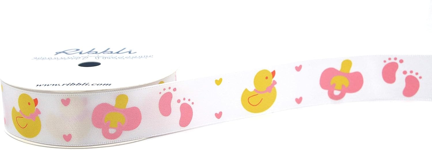 Ribbli Satin Pink Rubber Ducky Craft Ribbon,7/8-Inch x 10-Yard,Pink/White/Yellow,Use for Hair Bows,Wreath,Birthday,Baby Shower,Diaper Cake,Gift Wrapping,Party Decoration,All Crafting and Sewing(Pink Rubber Ducky)
