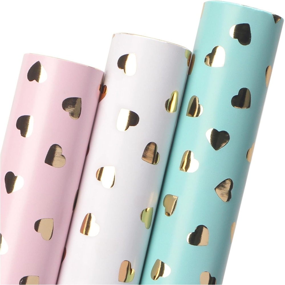 Ribbli Birthday Wrapping Paper Polka Dots Gift Wrap for Baby Shower Roll, 3 Rolls Pink White Blue Dots Pattern with Gold Foil – 17 inch x 120 inch(10feet) Per Roll(Pink/White/Light Blue)