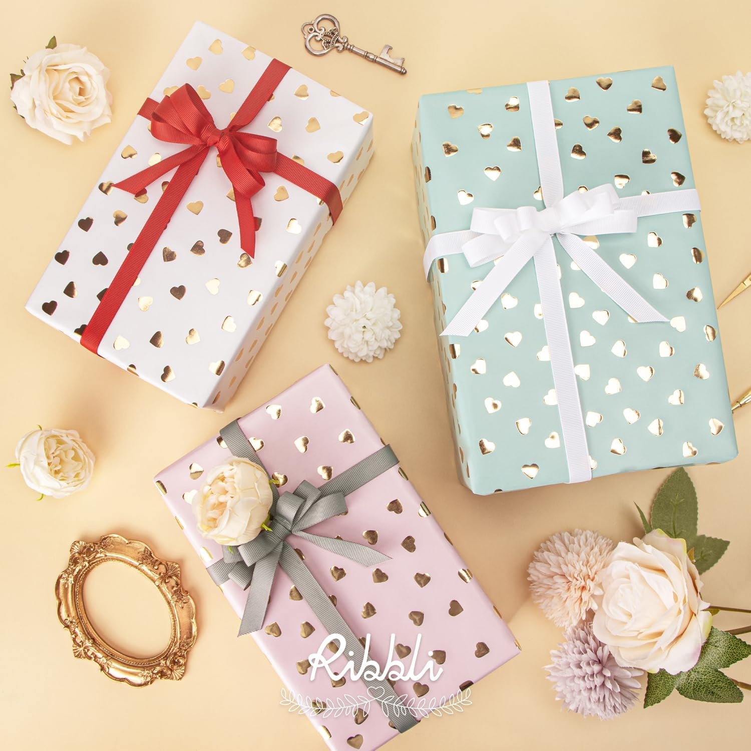Ribbli Birthday Wrapping Paper Polka Dots Gift Wrap for Baby Shower Roll, 3 Rolls Pink White Blue Dots Pattern with Gold Foil – 17 inch x 120 inch(10feet) Per Roll(Pink/White/Light Blue)