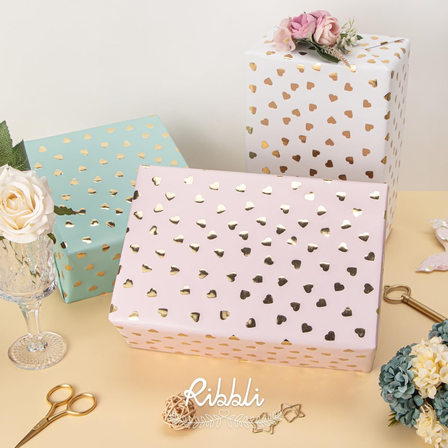 Ribbli Birthday Wrapping Paper Polka Dots Gift Wrap for Baby Shower Roll, 3 Rolls Pink White Blue Dots Pattern with Gold Foil – 17 inch x 120 inch(10feet) Per Roll(Pink/White/Light Blue)