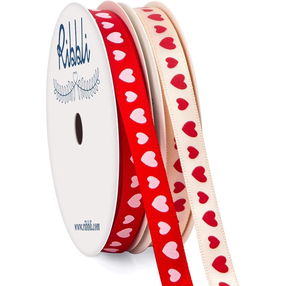 Ribbli Valentine’s Day Ribbon,2 Rolls Heart Satin Ribbon Use for Valentines Day Craft,Gift Wrapping,Home Decor,3/8 Inches Total 20 Yards,Red/Pink/Cream