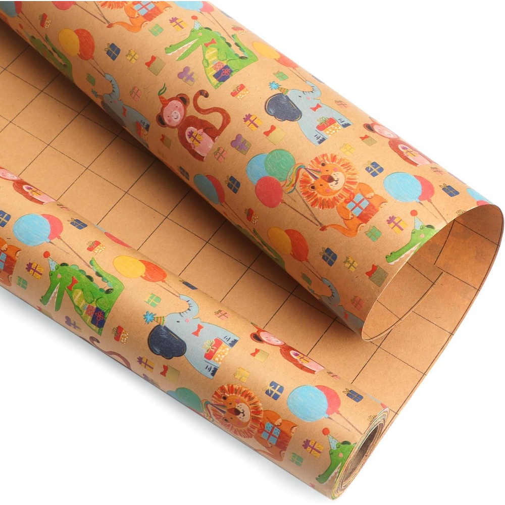 Ribbli Birthday Wrapping Paper Animal and Balloon Vintage Style Kraft Mini Roll Paper Perfect for Baby Shower Boys Girls Kids Birthday – 17Inch x 394Inch(33Feet)(Kraft/Animal)