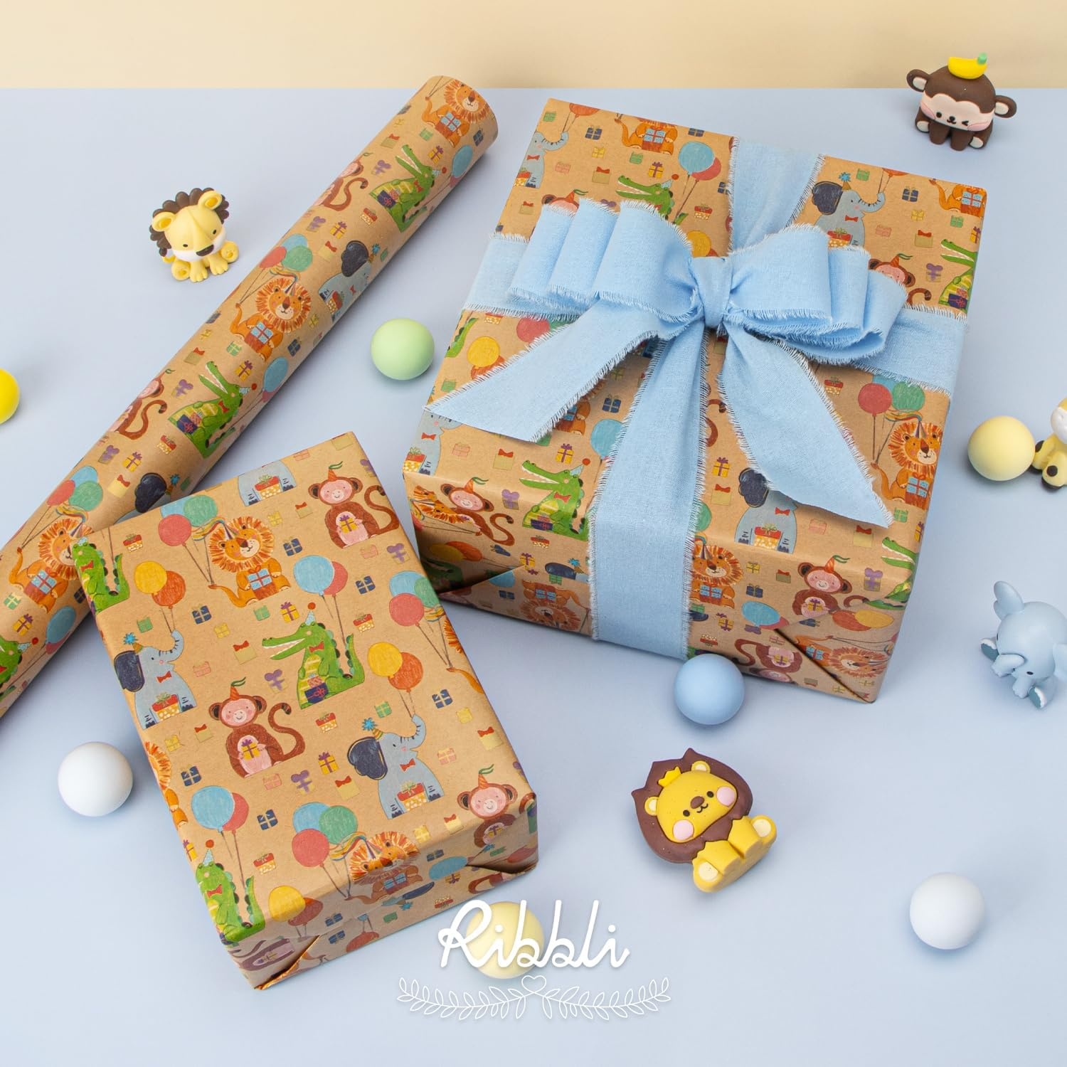 Ribbli Birthday Wrapping Paper Animal and Balloon Vintage Style Kraft Mini Roll Paper Perfect for Baby Shower Boys Girls Kids Birthday – 17Inch x 394Inch(33Feet)(Kraft/Animal)